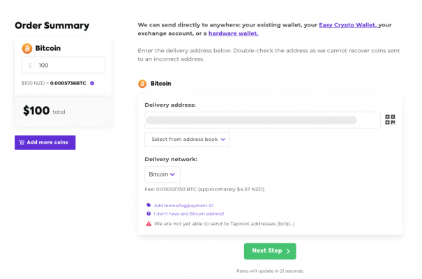 Bitcoin order confirmation from Easy Crypto