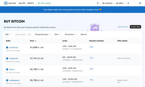 Buy Bitcoin dashboard on Hodl Hold peer to peer platform